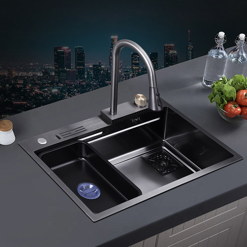 网红新款飞雨水槽黑色厨房不锈钢水槽加厚手工洗菜盆碗池大单槽