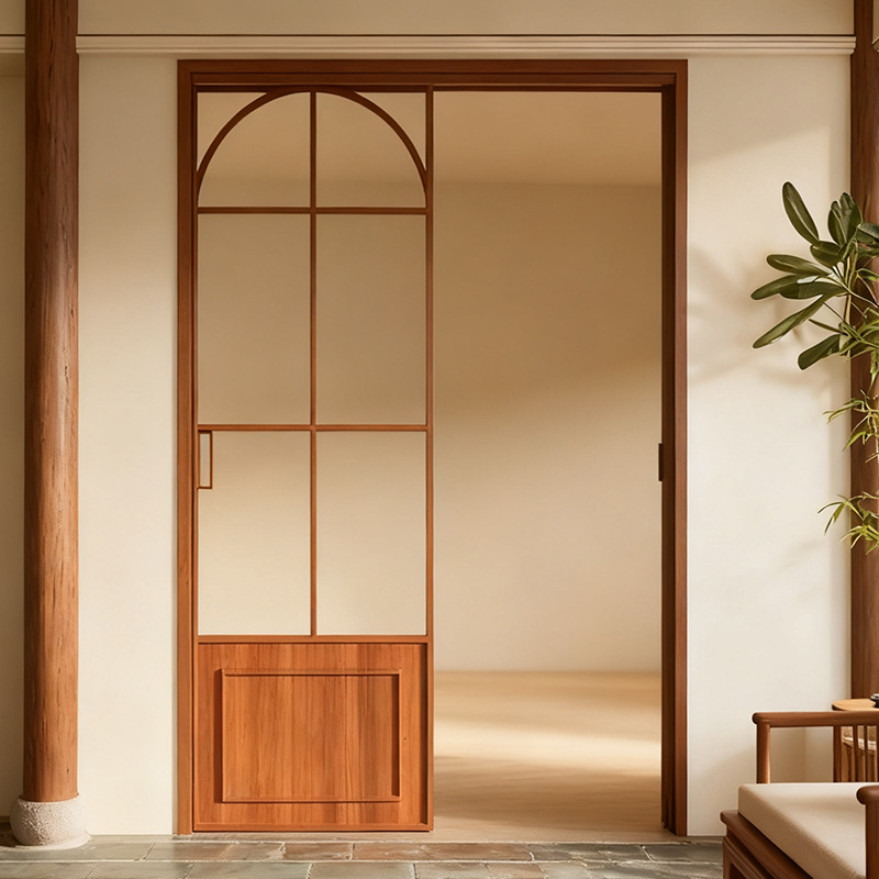 复古宋氏美学胡桃木纹色三联动厨房推拉门新中式书房茶室隔断移门