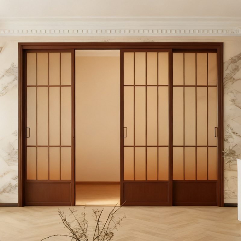 复古宋氏美学厨房三联动推拉门新中式胡桃木纹客厅卧室隔断玻璃门