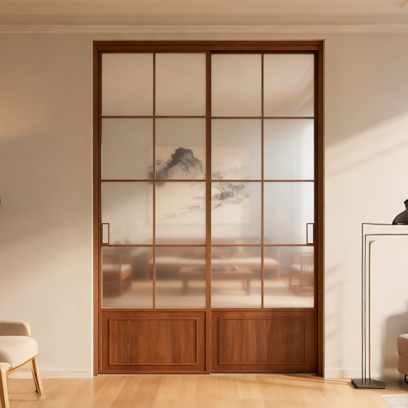 复古宋氏美学厨房三联动推拉门新中式胡桃木纹客厅卧室隔断玻璃门