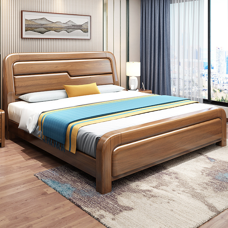 实木床胡桃木1.8米新中式双人床简约现代1.5米气压高箱床主卧婚床