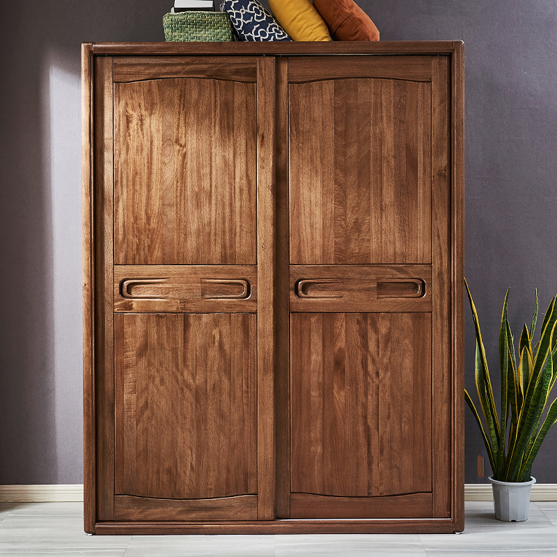 胡桃木实木衣柜小户型推拉滑移门两门衣橱现代中式木质卧室收纳柜