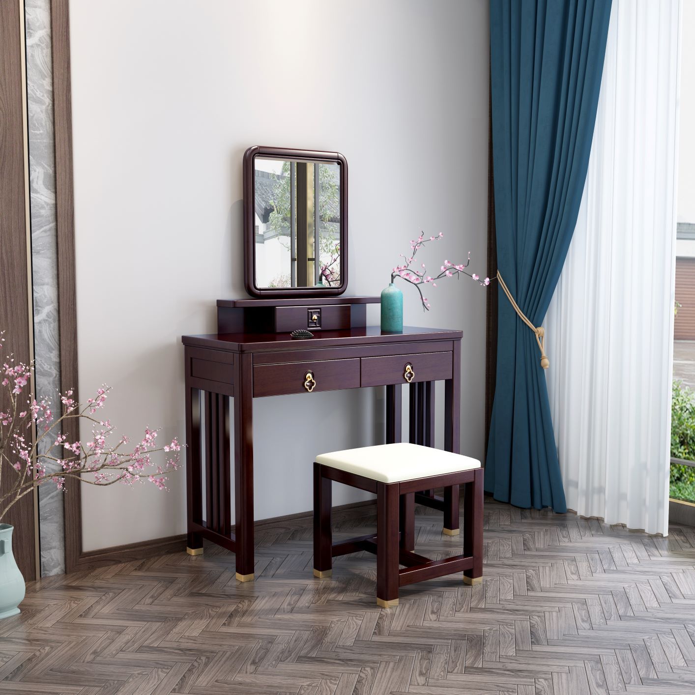 新中式实木梳妆台现代简约带镜化妆台禅意大小户型卧室家具梳妆桌