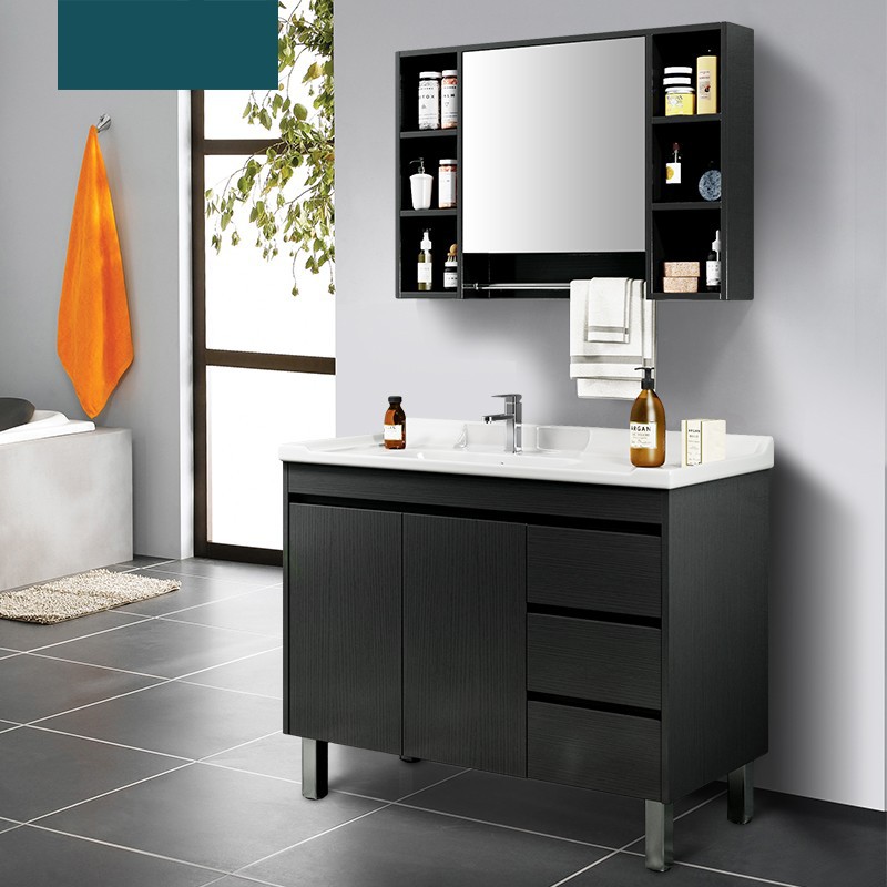 北欧黑色落地浴室柜组合免油漆环保实木浴室柜陶瓷洗手盆