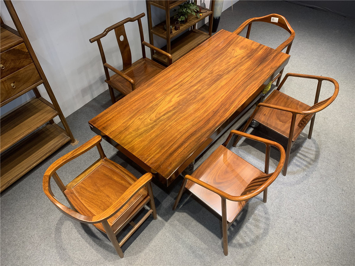 奥坎实木大板原木茶桌办公桌茶台茶板桌椅组合巴花红木新中式简约