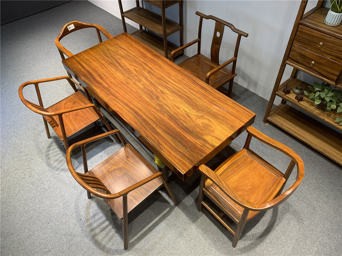 奥坎实木大板原木茶桌办公桌茶台茶板桌椅组合巴花红木新中式简约