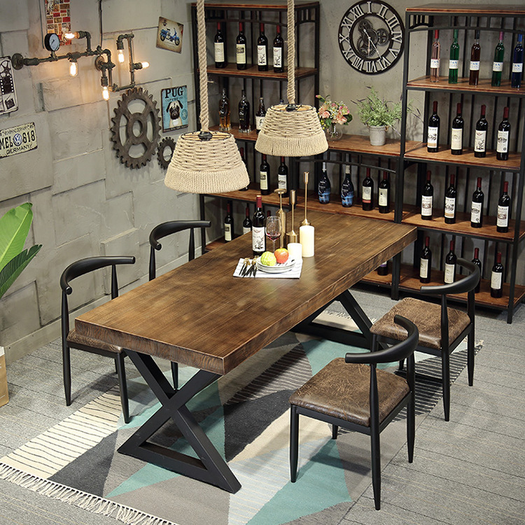 美式做旧长条桌 餐厅火锅店铁艺吃饭桌椅组合 咖啡厅酒吧实木餐桌