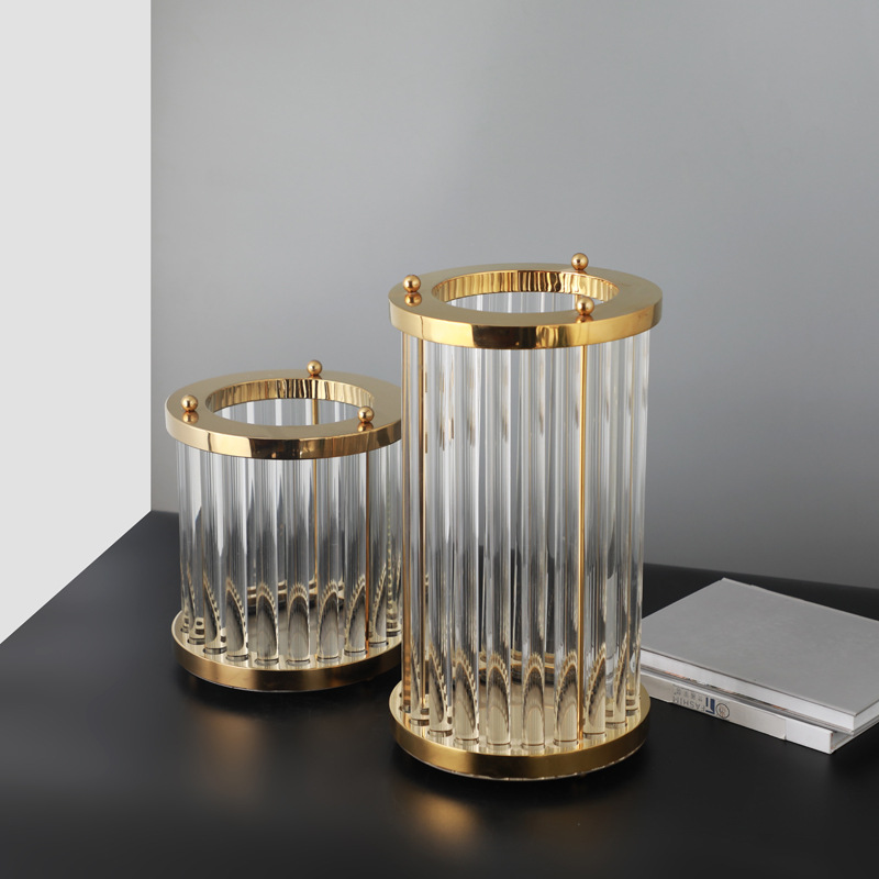 现代水晶柱玄关花瓶花器装饰品 客厅桌面电视柜室内金属花器摆件